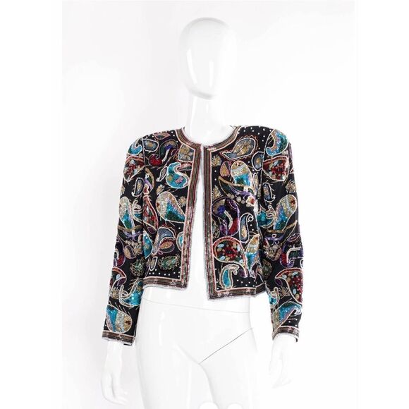 Vintage Frank Usher 70s 80s Black Sequin Beaded Silk Cardigan Jacket - Picture 1 of 13